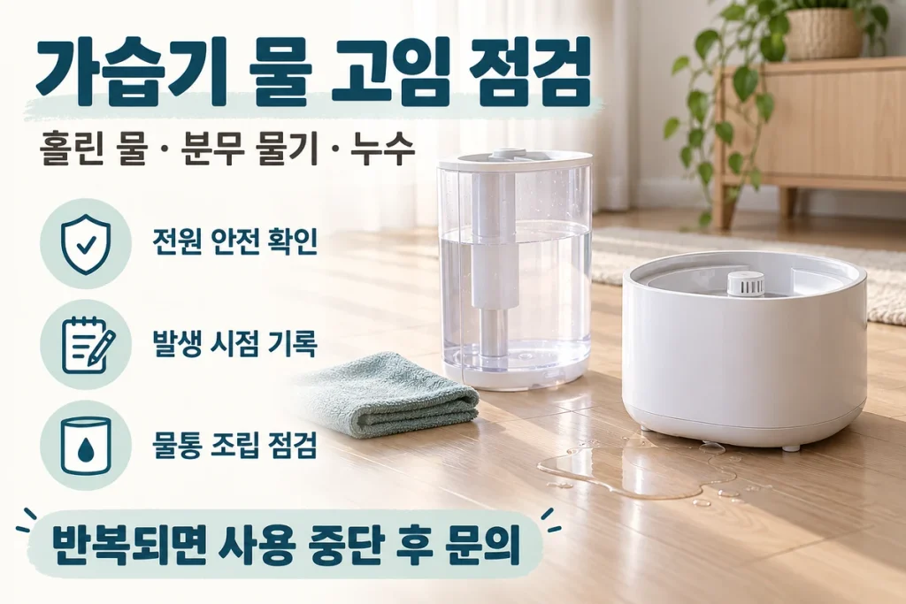 가습기 바닥에 물이 고일 때, 급수 중 흘린 물·분무 물기·누수 구분법