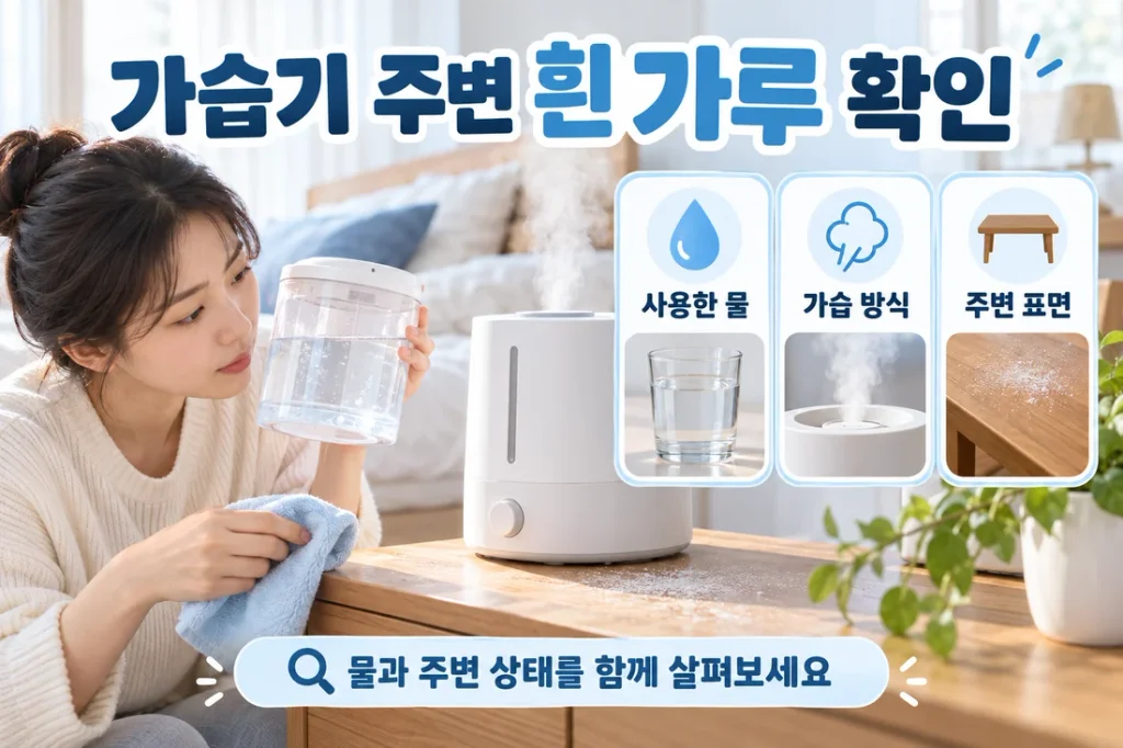 가습기 주변 흰 가루가 보일 때, 사용한 물·가습 방식·표면 확인