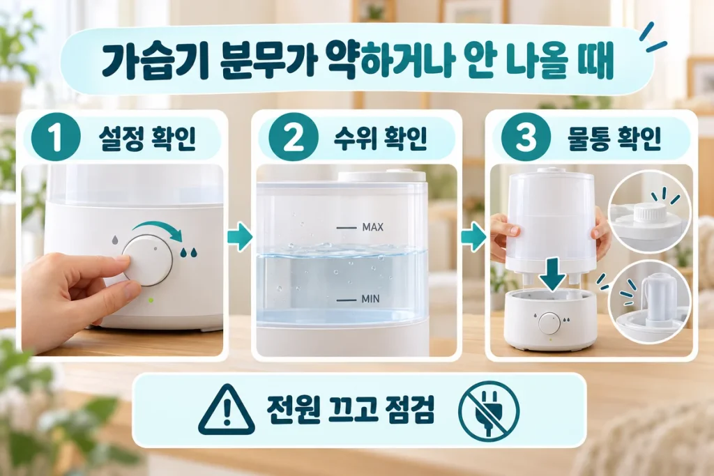 가습기 분무가 약하거나 안 나올 때, 설정·수위·물통 점검 순서