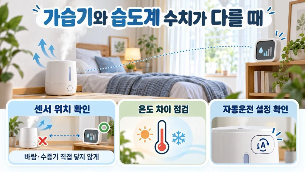 가습기와 습도계 수치가 다를 때, 센서 위치·온도·자동운전 점검